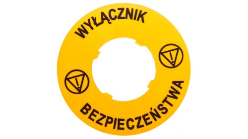 Tabliczka opisowa żółta okrągła fi60 wyłącznik bezpieczeństwa LPXAU122