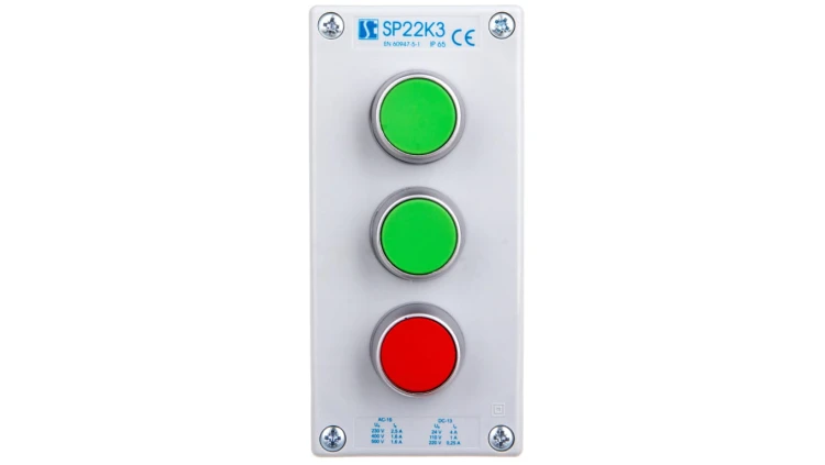 Kaseta sterownicza 3-otworowa 2xzielony/czerwony 2Z 1R IP65 1x dławnica M20 szara ST22K3\01-1