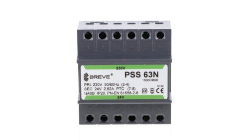 Transformator 1-fazowy modułowy bezpieczeństwa PSS 63N 230/ 24V 2,6A, na szynę DIN, IP20, Ta 40, 16024-9890