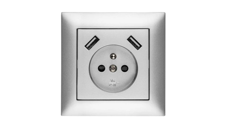 Sentia Gniazdo pojedyncze z/u 16A z USB 2x2,1A 5VDC z przesłonami i ramką srebrne GPT 2P+Z 2xUSB 1488-06