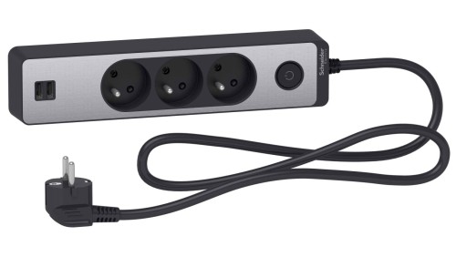 Odace Przedłużacz 3 gniazdowy z łącznikiem 2x USB, 1,5m antracyt+szczotkowane aluminium ST933U1BA