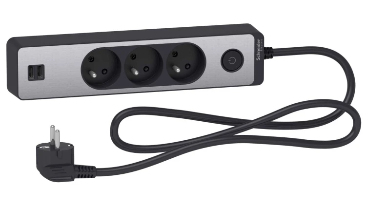 Odace Przedłużacz 3 gniazdowy z łącznikiem 2x USB, 1,5m antracyt+szczotkowane aluminium ST933U1BA