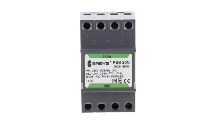 Transformator 1-fazowy modułowy bezpieczeństwa PSS 20N 230/ 24V 0,83A, na szynę DIN, IP20, Ta 40, 16024-9878