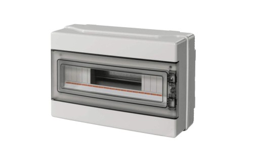 Rozdzielnica modułowa 1x18 n/t bezhalogenowa drzwi transp.IP65 szyna N+PE szara 1000V AC 1500V DC PV UV 290x390x140, EC62018E