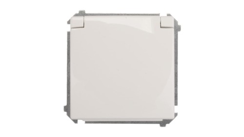 Simon Basic Gniazdo bryzgoszczelne z/u IP44 z przesłoną torów i klapką białe BMGZ1Bz.01/11