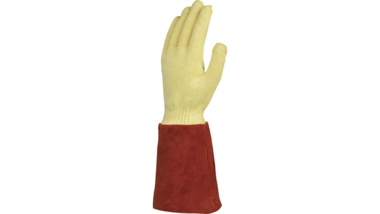 Rękawice dziane na zewnątrz włókno kevlar wewnątrz bawełna mankiet z dwoiny 15 cm kolor brązowo-żółty rozmiar 9 MAIN KCA1509