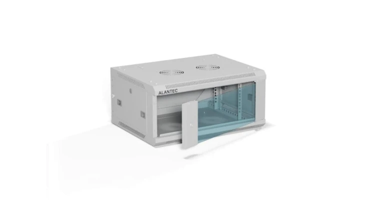 Szafa rack wisząca 19 cali 4U 600x450, drzwi szklane, tył i osłony boczne demontowalne, FLAT PACK kolor szary ALANTEC