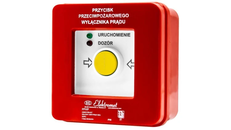 Przycisk ppoż wyłącznika prądu n/t 4 tory prądowe 12A, NC-NO NC-NO, diody czerwona/zielona PPWP-4s A