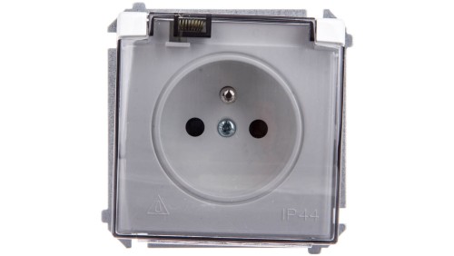 Simon Basic Gniazdo bryzgoszczelne z/u IP44 z przesłoną torów i klapką dymną białe BMGZ1Bz.01/11a